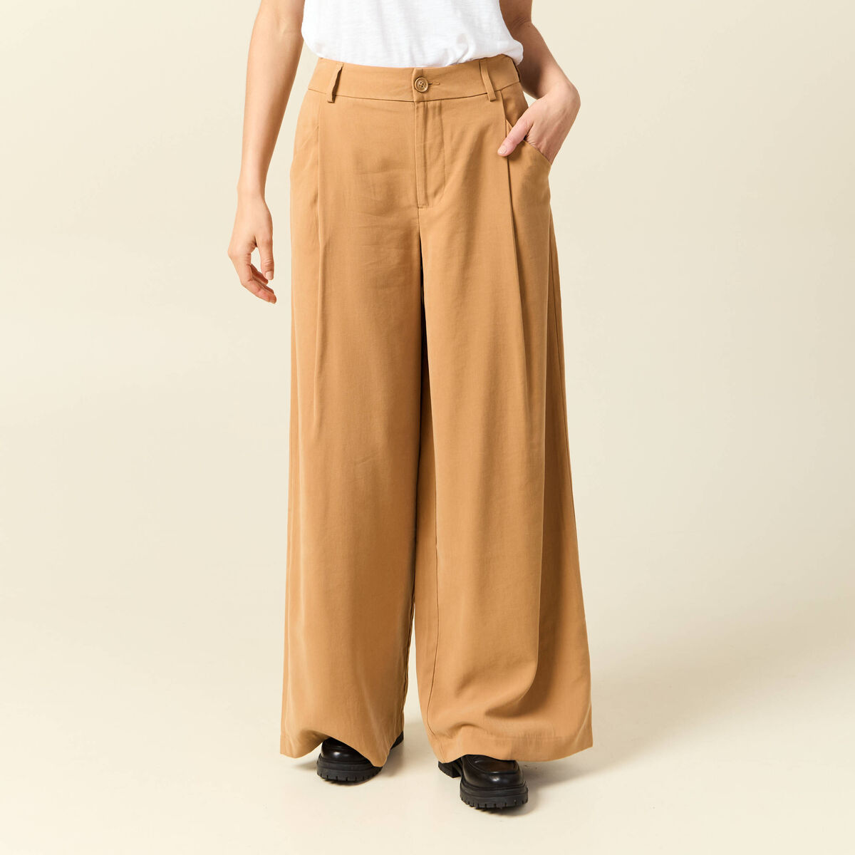 Pantalon large taille haute marron clair femme