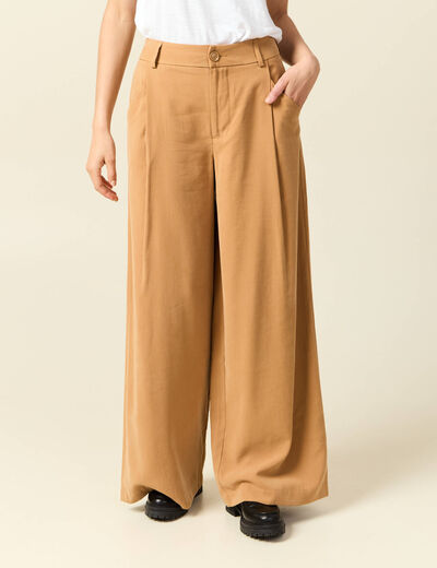 Pantalon large taille haute marron clair femme