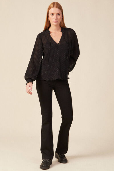 Blouse manches longues plissée noir femme