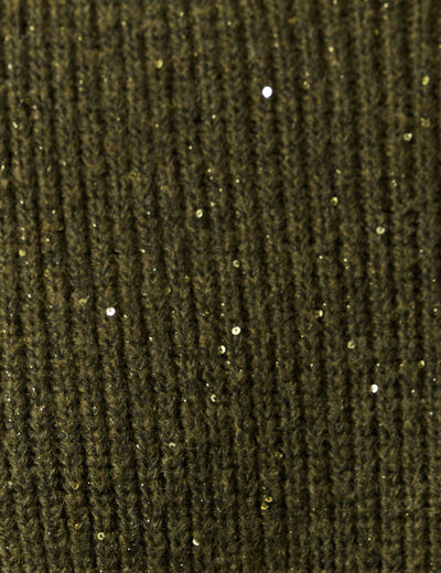 Pull manches longues col rond &agrave; sequins vert kaki femme
