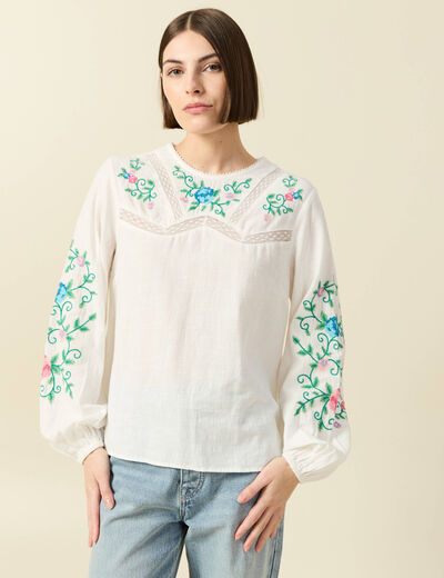 Chemise bord&eacute;e en coton manches longues ecru femme
