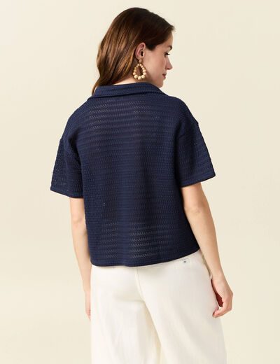 T-shirt manches courtes ajouré bleu marine femme