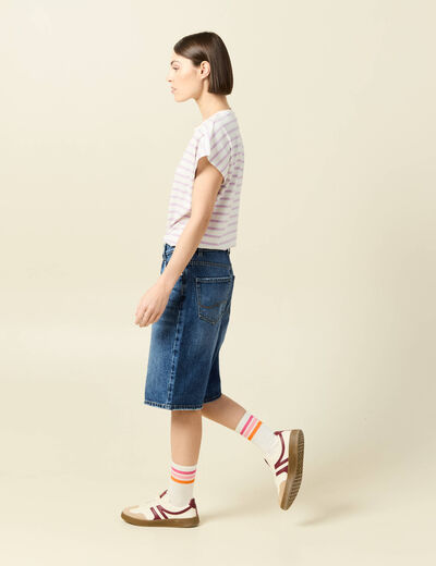 Bermuda large taille haute en coton denim stone femme