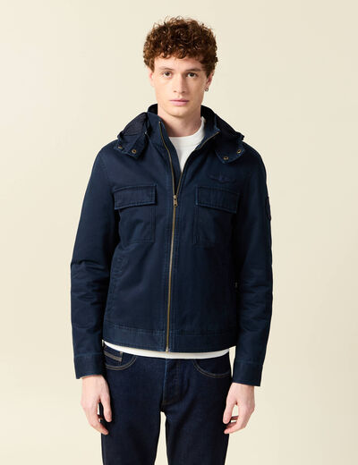 Blouson col montant à capuche bleu marine homme