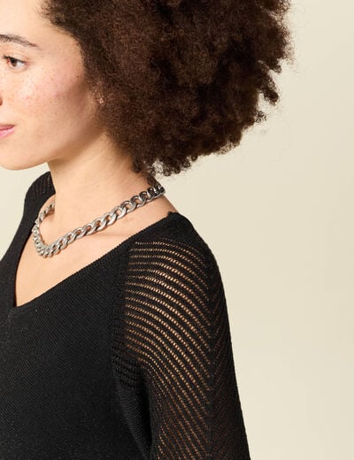 Pull ajour&eacute; col V manches longues noir femme