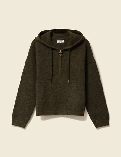 Pull &agrave; capuche zipp&eacute; vert kaki femme