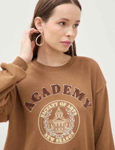 Sweat col rond manches longues marron femme