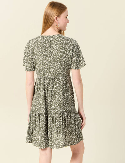 Robe évasée manches courtes vert kaki femme