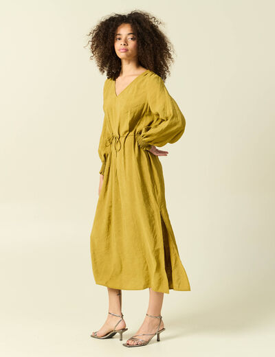 Robe longue droite col v manches longues vert olive femme
