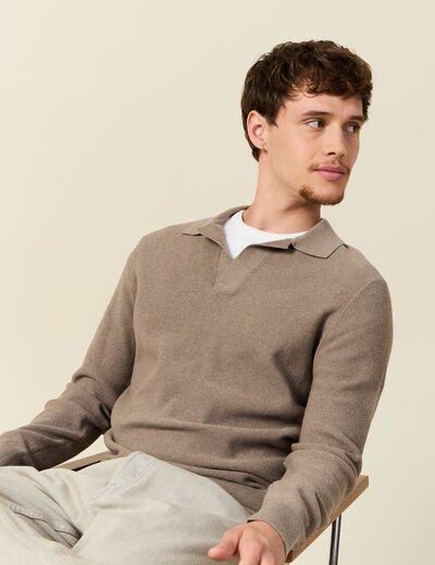 Pull droit col polo manches longues vert kaki homme