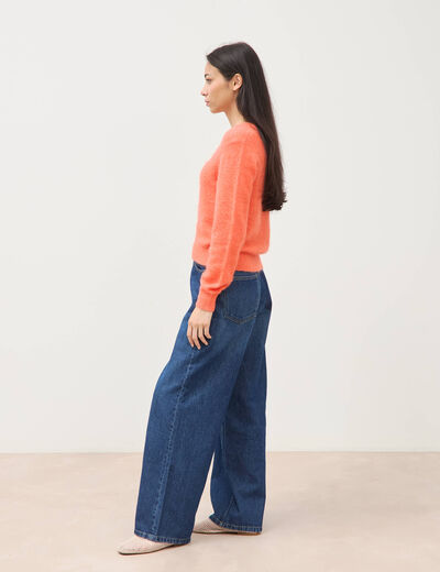 Pull droit col v manches longues rose corail femme