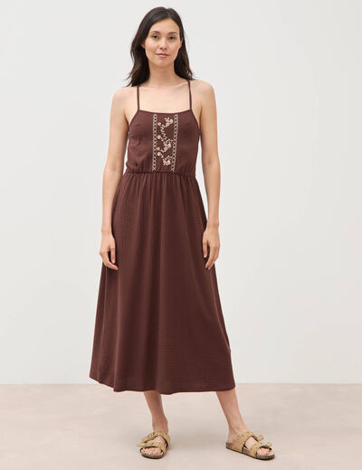 Robe bretelle col carr&eacute; en coton marron fonc&eacute; femme