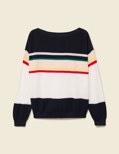 Pull col bateau manches longues en coton bleu marine femme