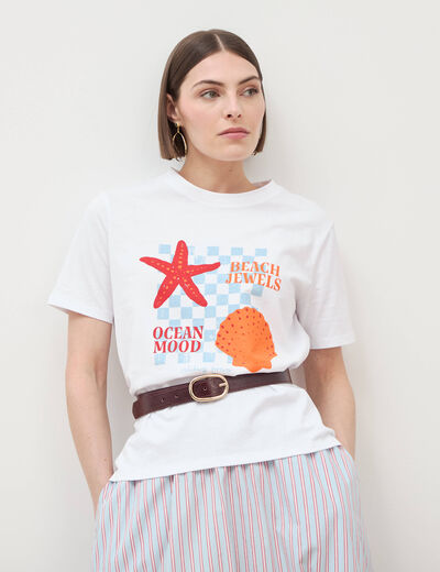 T-shirt droit col rond manches courtes blanc femme
