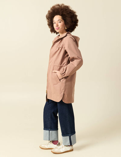 Parka longue droite d&eacute;perlante &agrave; capuche marron clair femme