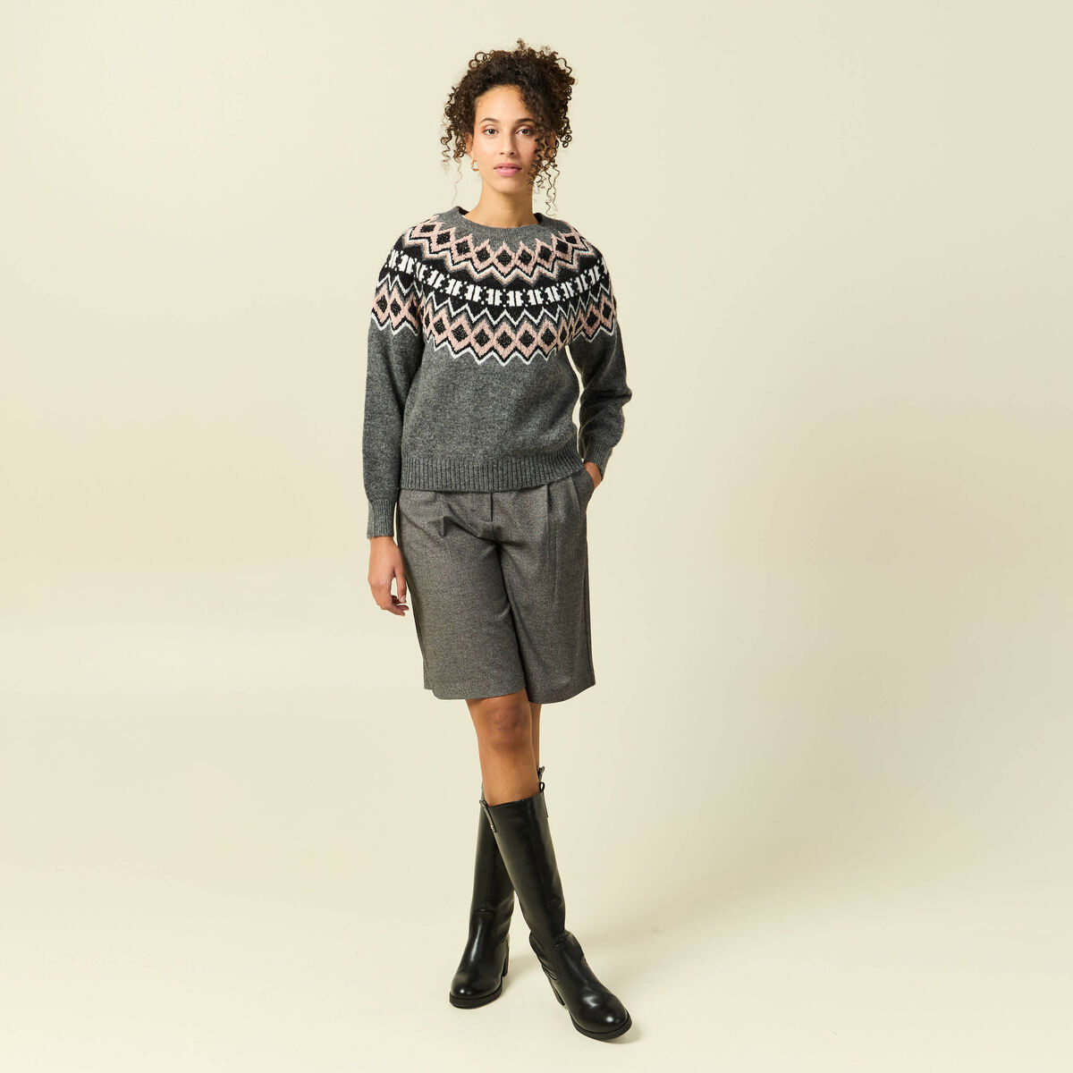 Pull col rond manches longues gris clair femme