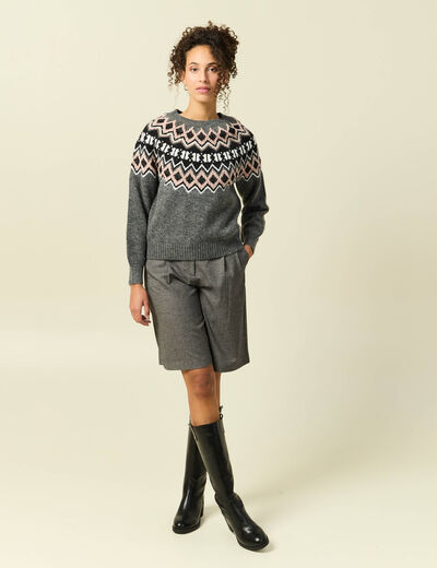 Pull col rond manches longues gris clair femme