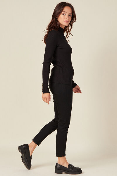 Pull manches longues côtelé noir femme