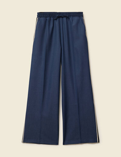 Pantalon large taille haute ray&eacute; bleu marine femme