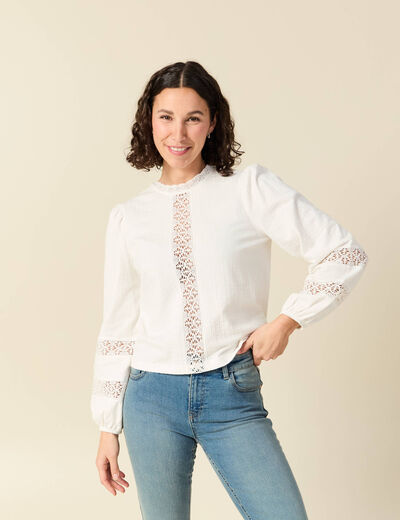 Blouse droite courte manches longues ecru femme