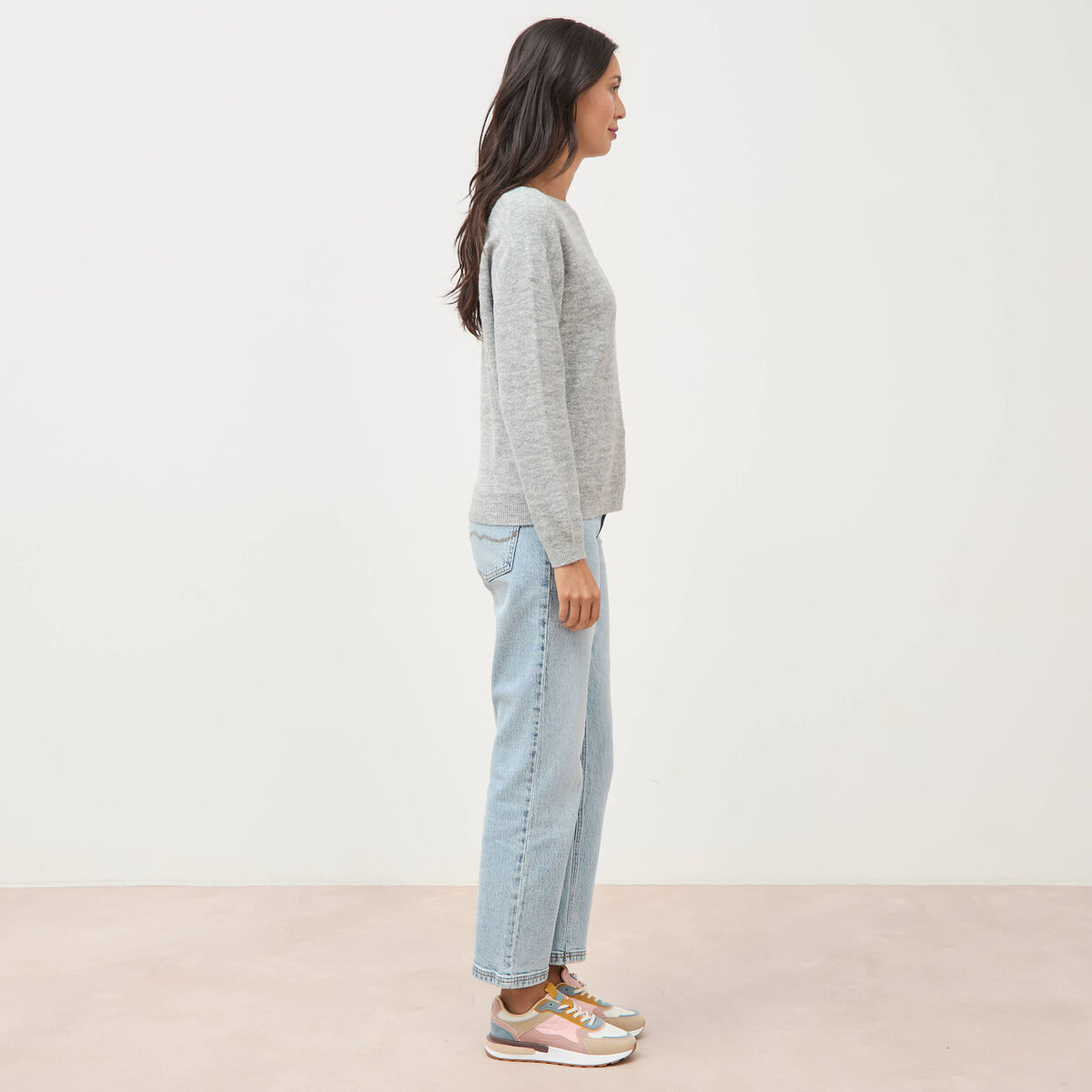 Pull manches longues col bateau gris femme
