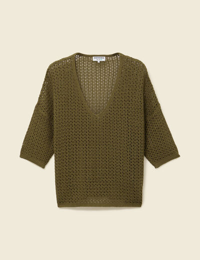 Pull ajour&eacute; col v manches 3/4 vert olive femme