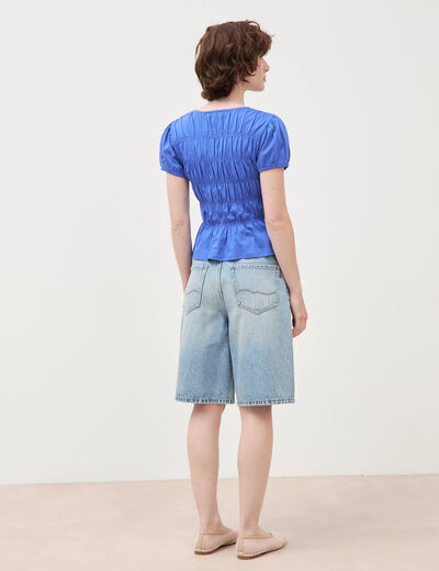 T-shirt fronc&eacute; col rond manches courtes bleu electrique femme