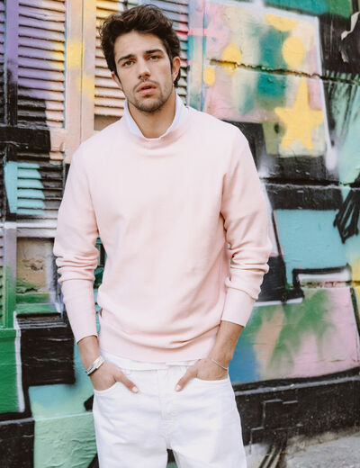 Pull fin col rond manches longues rose poudr&eacute;e homme