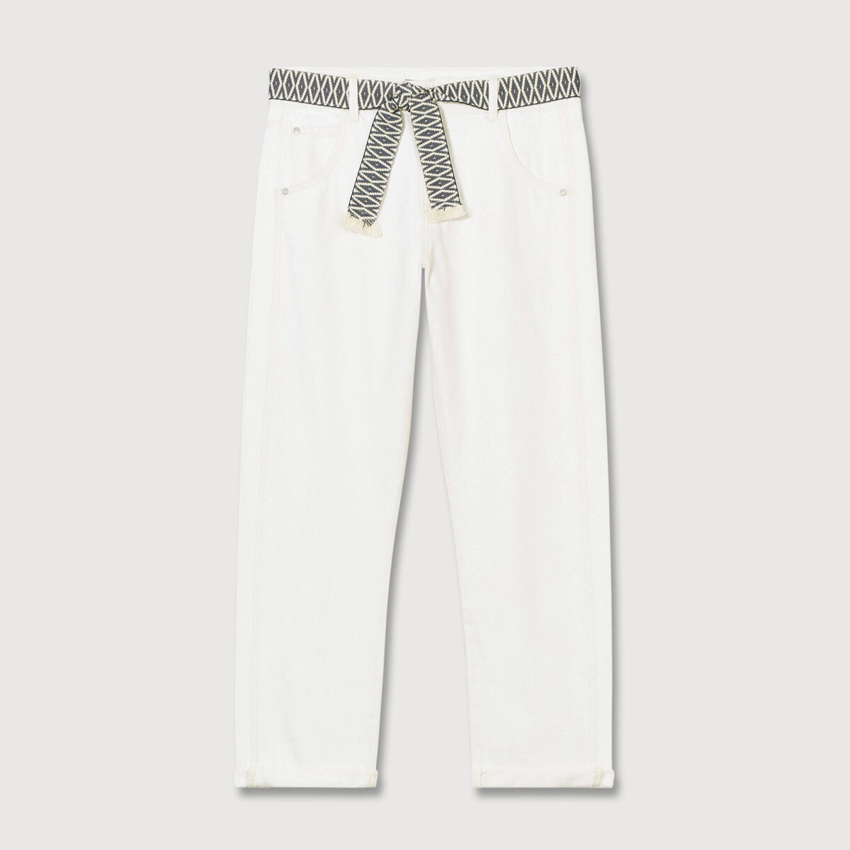 Jeans boyfriend ceintur&eacute; denim blanc femme