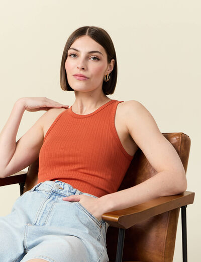 Débardeur cintré court col rond orange foncé femme