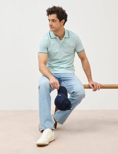 Polo cintr&eacute; en coton manches courtes bleu gris homme