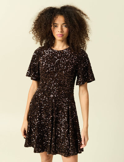 Robe manches courtes &agrave; sequins marron femme