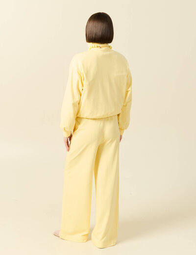 Pantalon large taille haute fluide jaune pastel femme