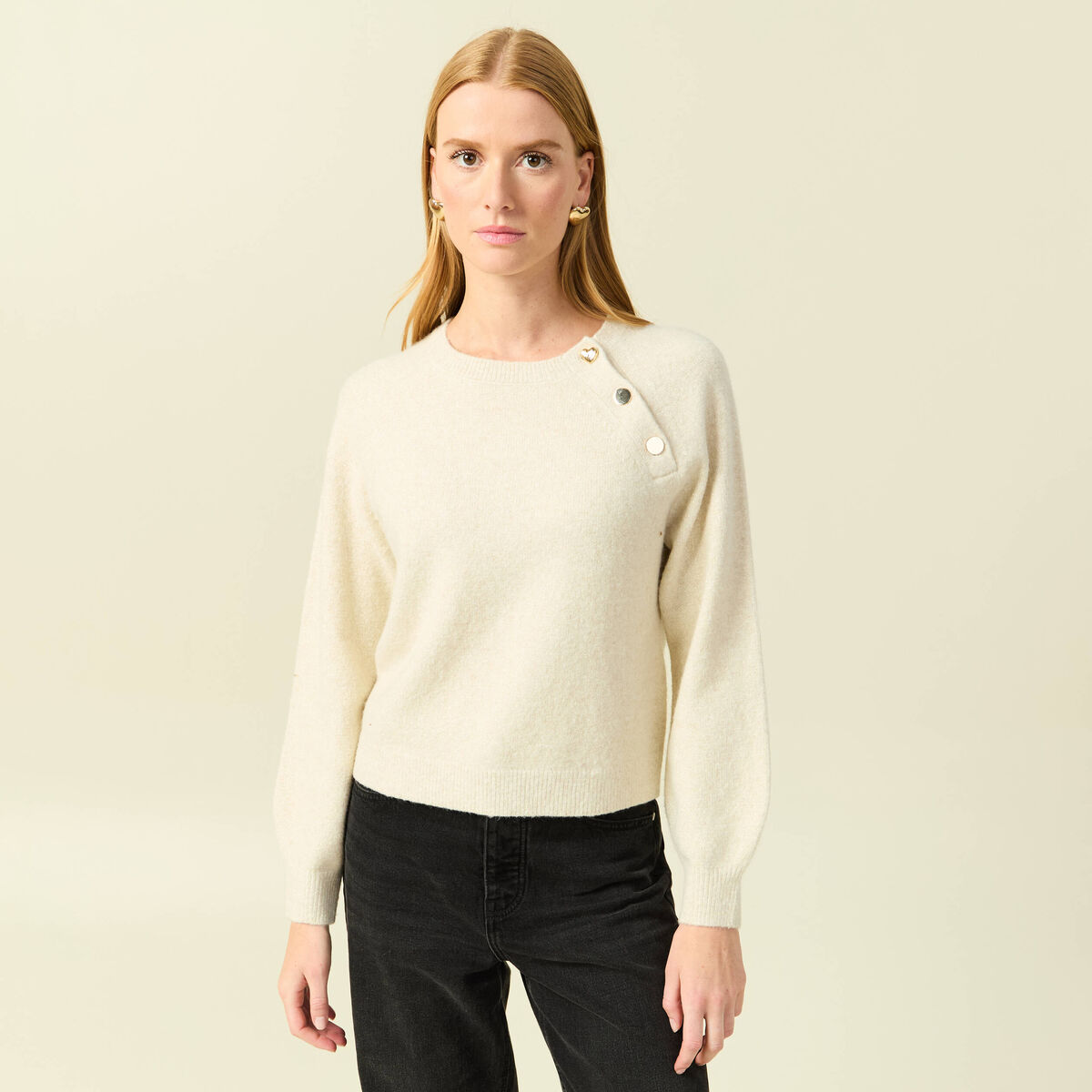 Pull manches longues col rond jaune femme