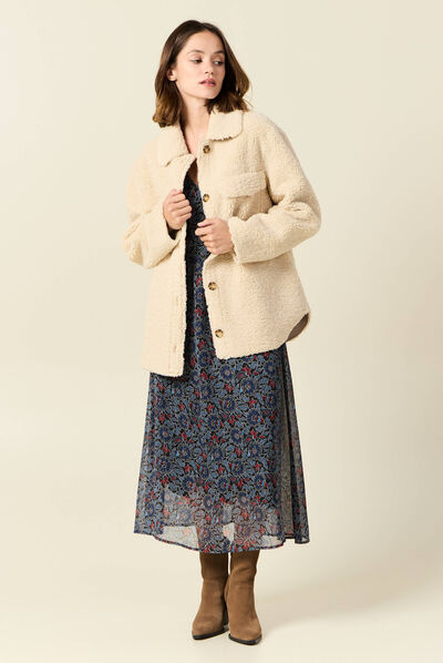 Manteau surchemise droit creme femme