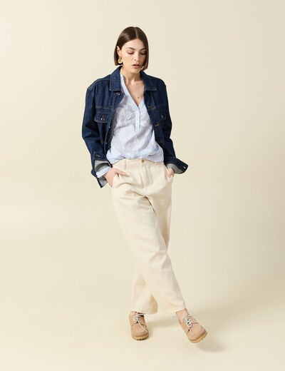 Chemise en coton col V manches longues bleu gris femme
