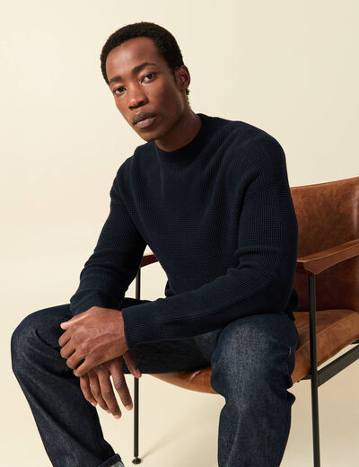 Pull col rond manches longues en coton bleu marine homme