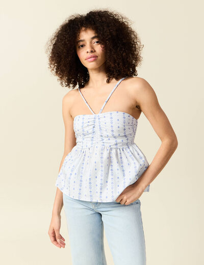 Top col droit à bretelles en coton bleu clair femme