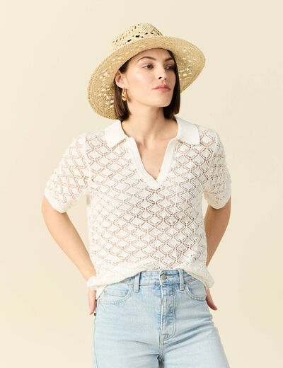 Pull manches courtes ajouré blanc femme