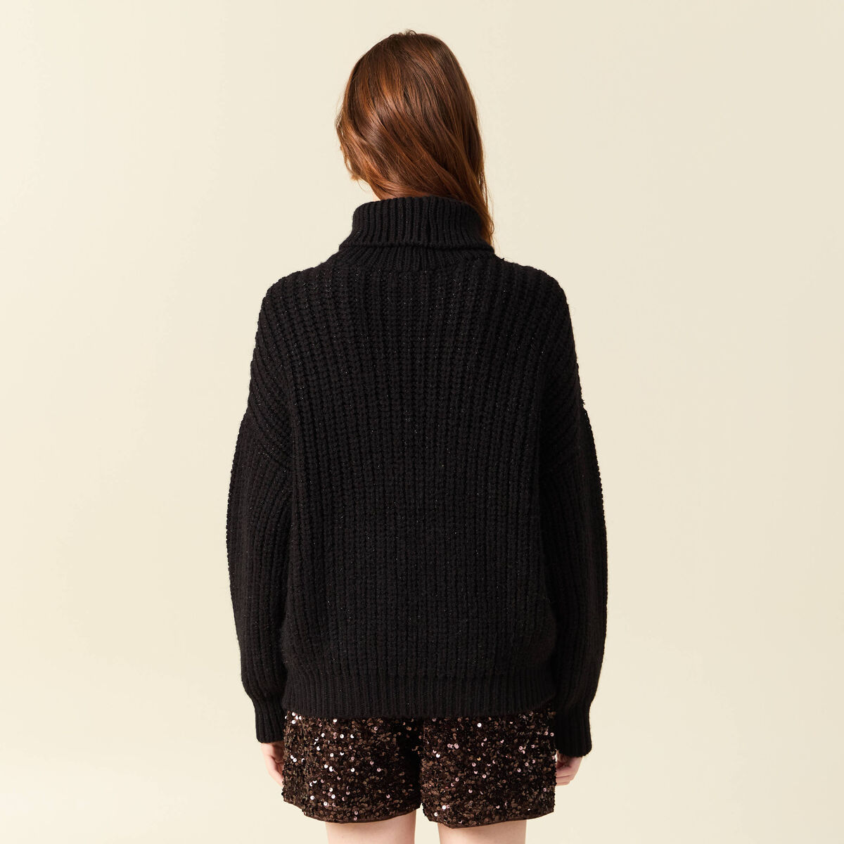 Pull manches longues col roul&eacute; brillant noir femme