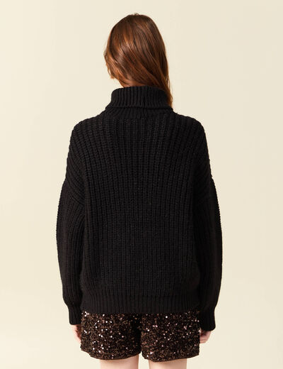 Pull manches longues col roul&eacute; brillant noir femme