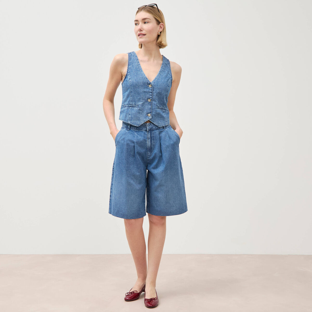 Bermuda jeans large taille haute denim used femme