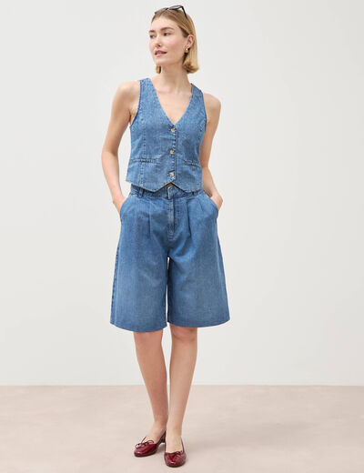 Bermuda jeans large taille haute denim used femme