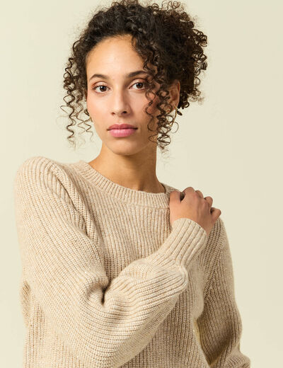 Pull manches longues col rond &agrave; sequins creme femme