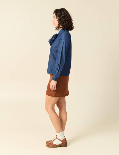 Chemise &agrave; pans manches longues en coton denim stone femme