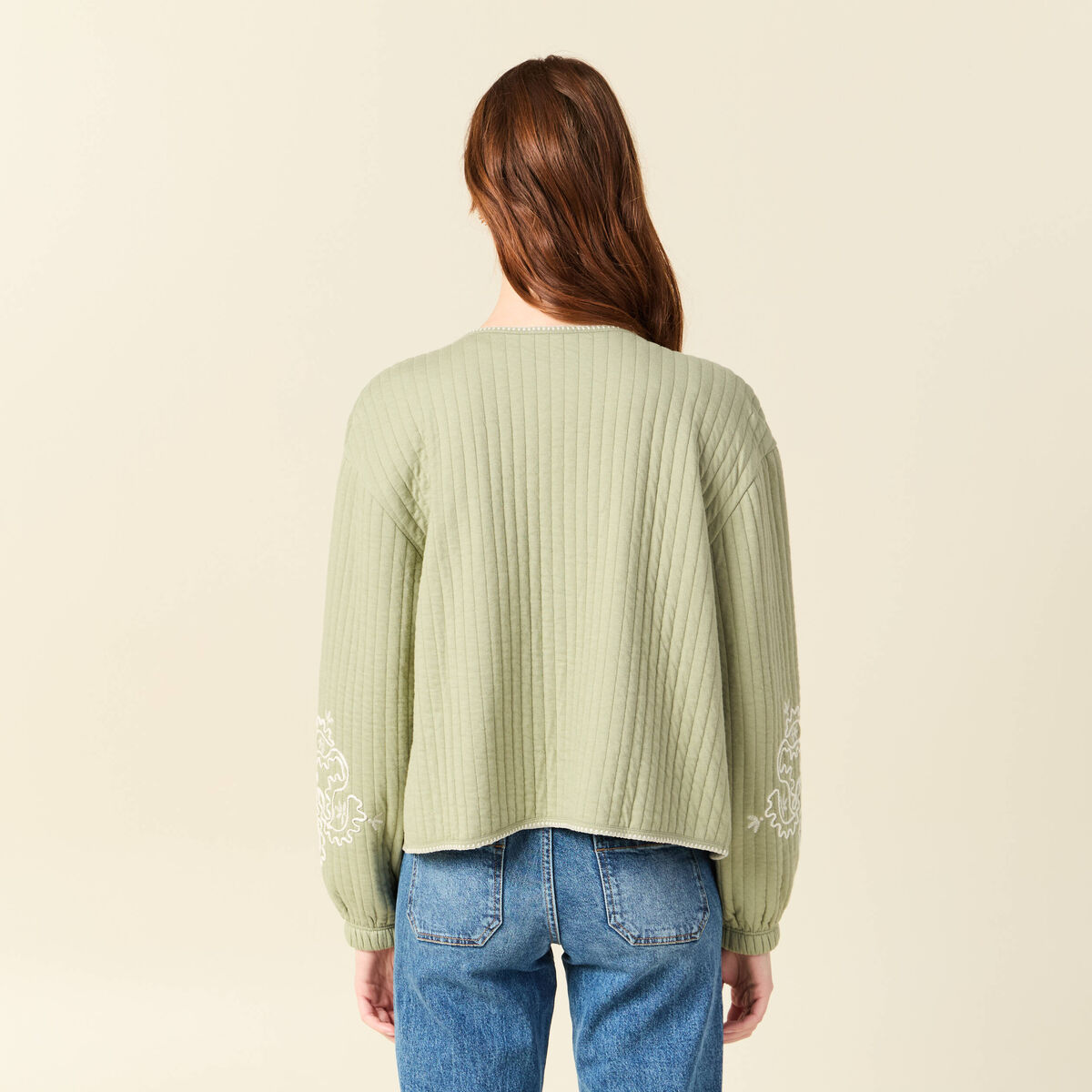 Cardigan droit court col rond brod&eacute; vert kaki femme