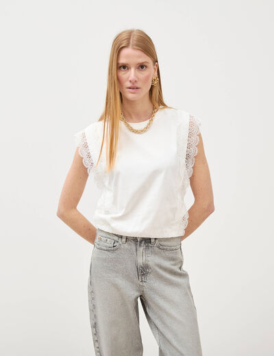 T-shirt col rond sans manches en coton ecru femme