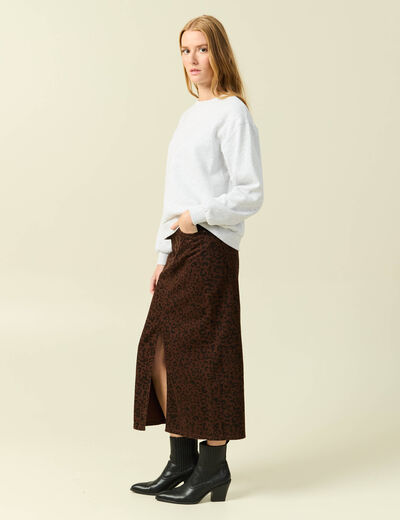 Jupe droite longue en coton marron cognac femme