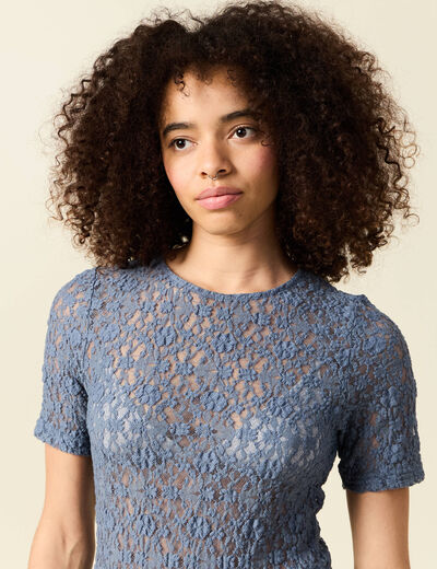 T-shirt cintr&eacute; col rond dentelle bleu gris femme