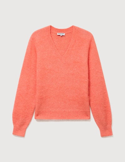 Pull droit col v manches longues rose corail femme
